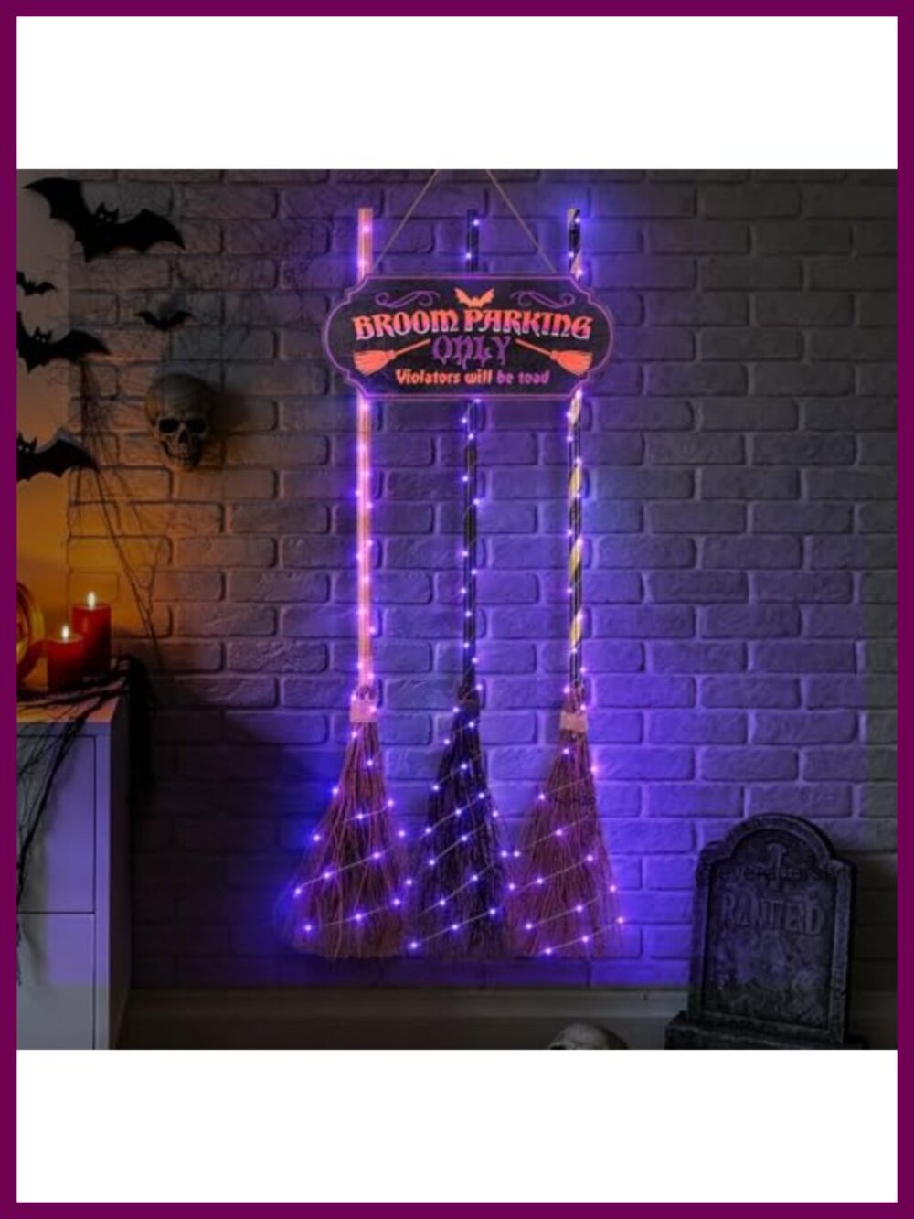 Halloween Broom Parking Sign Set with 3 Plastic Witch Brooms Hocus Pocus